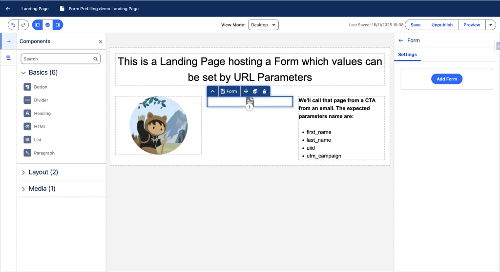 Adding a Form Component to our Landing Page in Agentforce Marketing