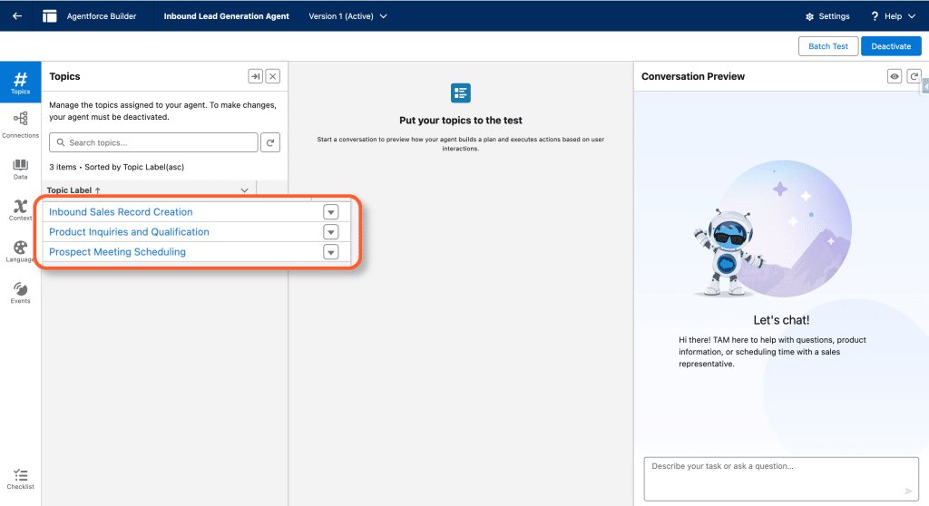 Agentforce Agent: Lead Generation Agent default Topics