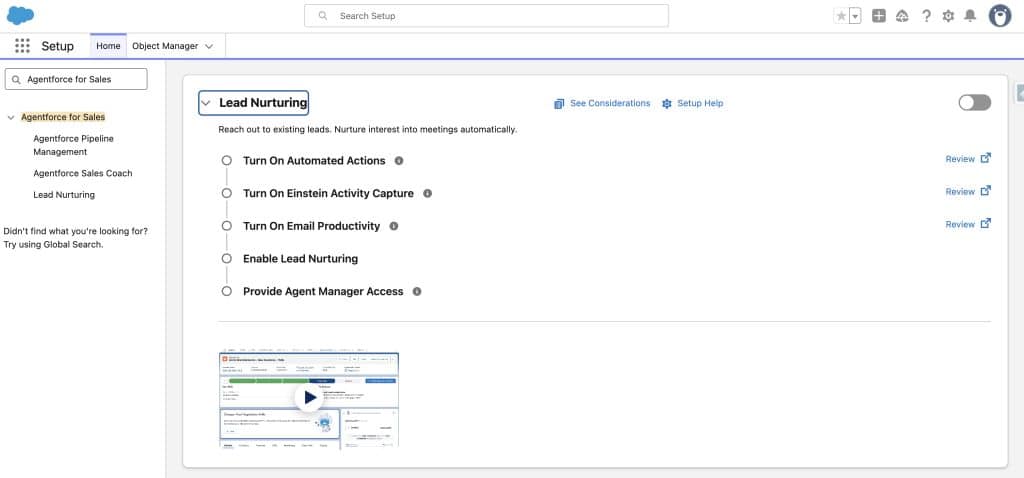 Lead Nurturing Setup Page (Agentforce for Sales)