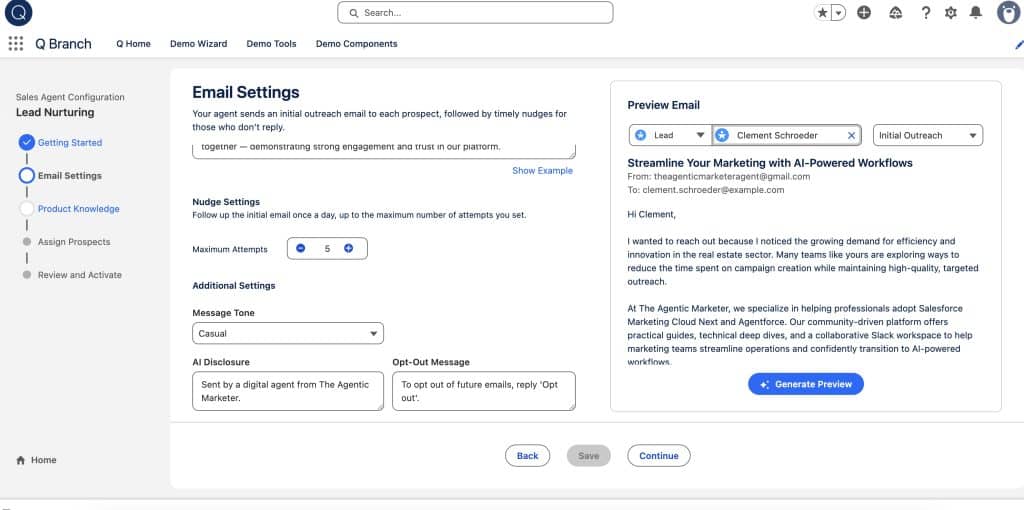 Lead Nurturing: Email Settings in build and manage Agent wizard