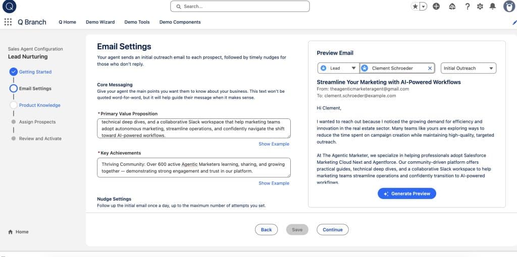 Lead Nurturing: Email Settings in build and manage Agent wizard