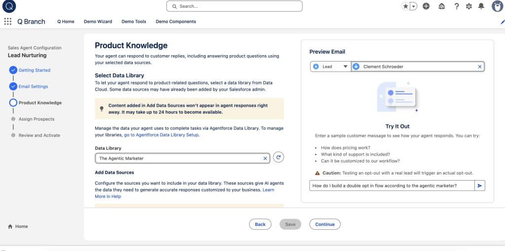 Lead Nurturing: Product Knowledge in build and manage Agent wizard