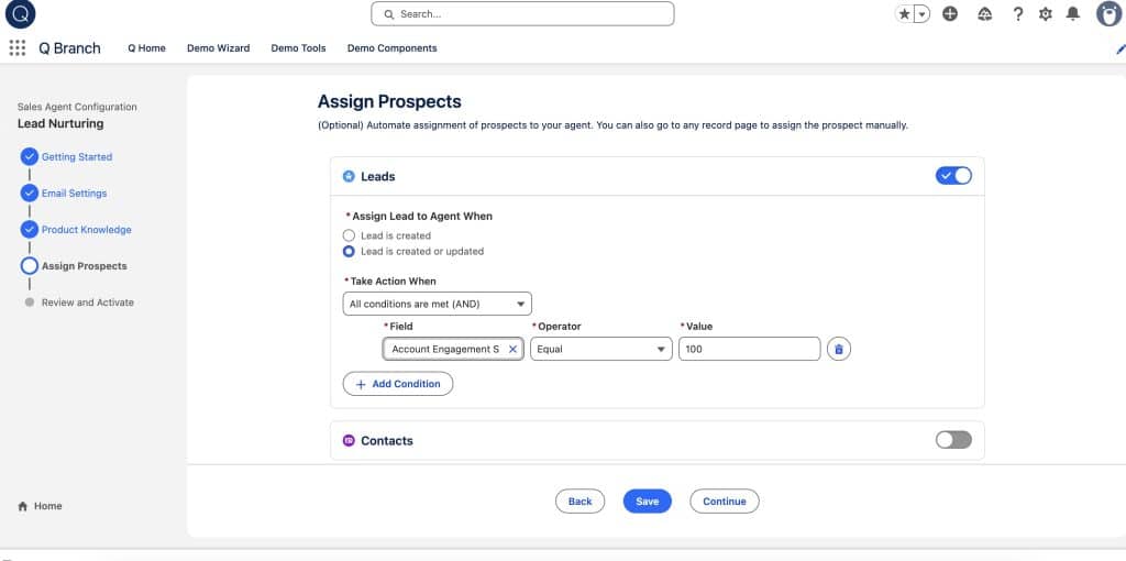 Lead Nurturing: Assign Prospects in build and manage Agent wizard