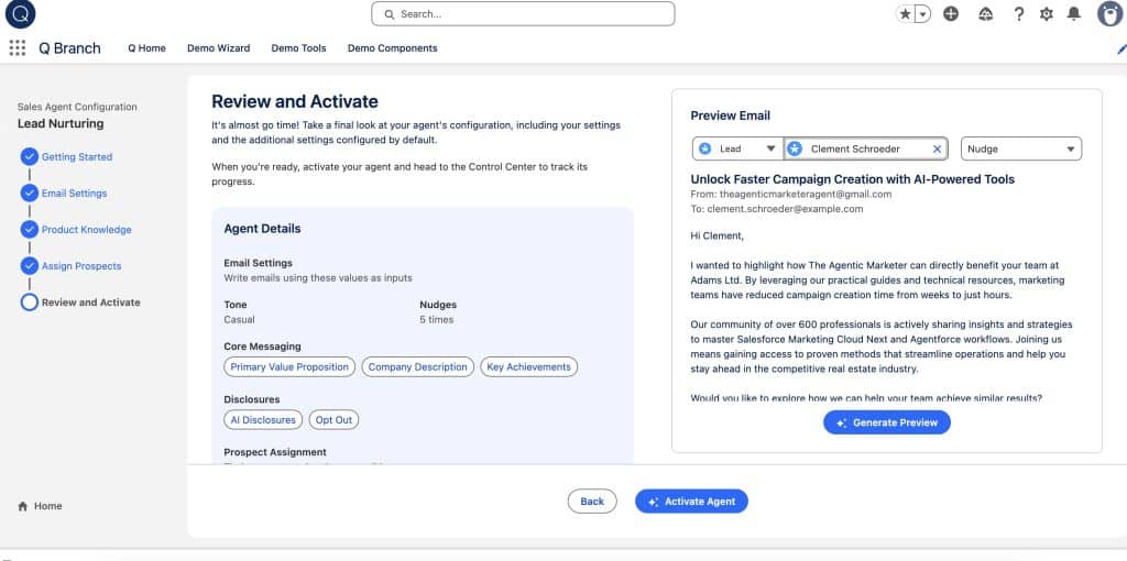 Lead Nurturing: Review and Activate in build and manage Agent wizard