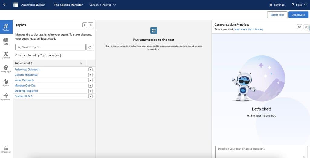 Lead Nurturing: Agent's Topics & Actions in Agentforce Studio