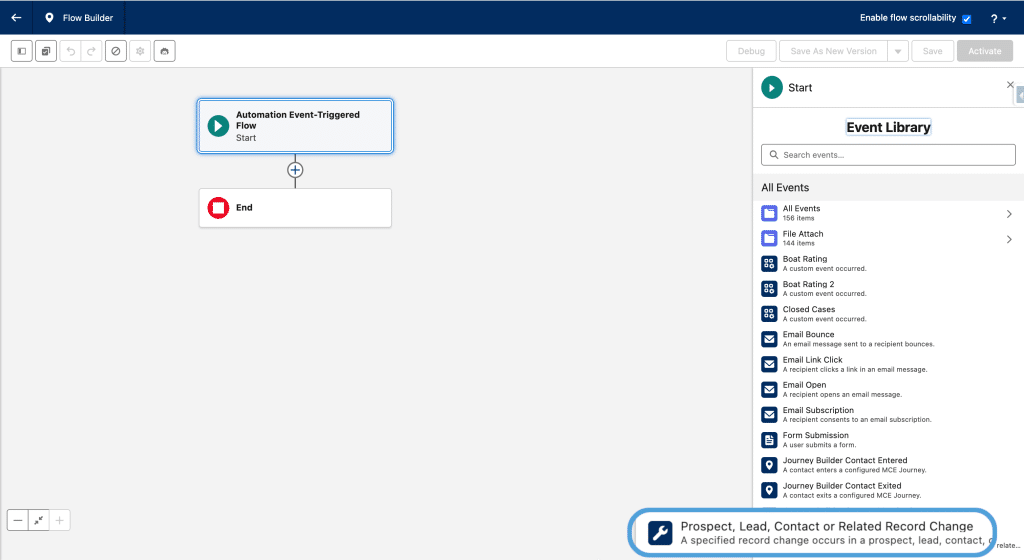 Adding a Prospect, Lead, Contact or Related Record Change Event in an Automation Event Triggered Flow
